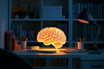 glowing brain on desk representing artificial intelligence and neural networks