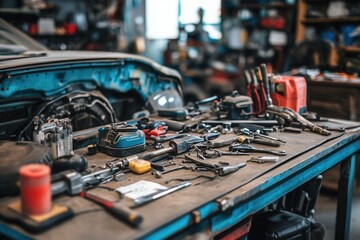 Collection of Hand Tools and Equipment on a Workbench in Garage