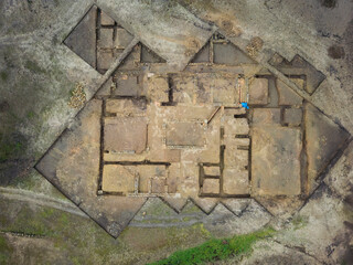 Aerial view of the Roman baths of Bande in the Conchas reservoir