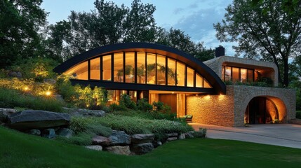 Naklejka premium Modern Stone and Black Curved Roof House at Night