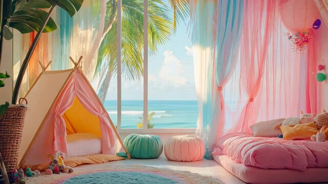 Beautiful children's room with a teepee. Selective focus. dizain.