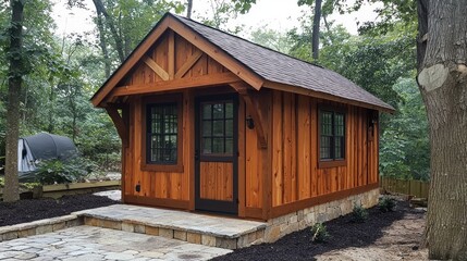 A small wooden cabin with a slanted roof and a porch