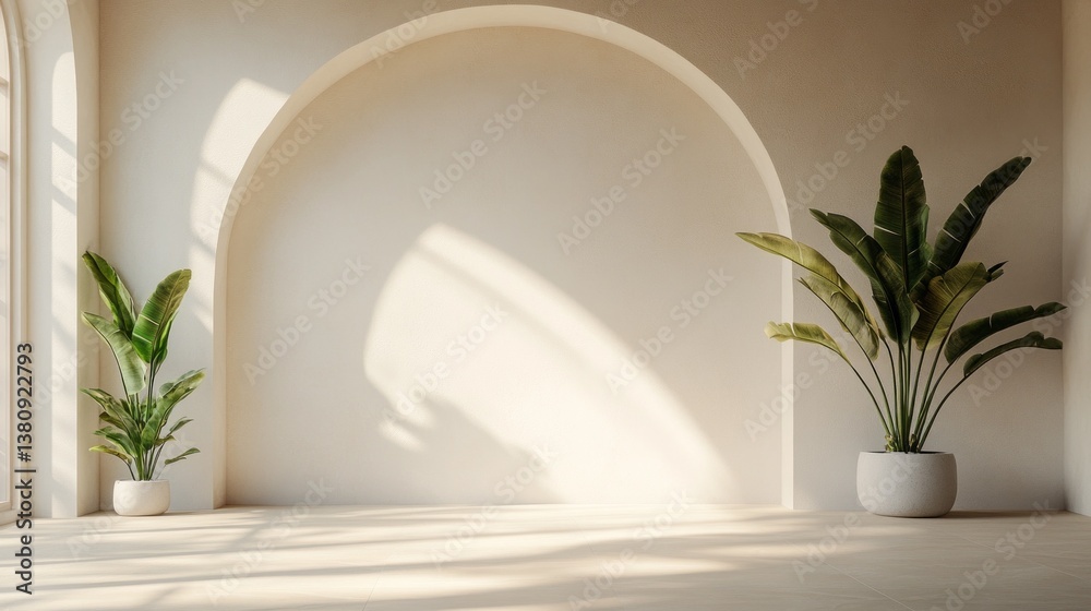 Poster soft sunlight streams through large windows, casting elegant shadows on a minimalistic interior ador