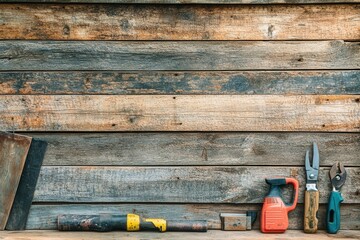Collection of Hand Tools on Rustic Wooden Background Surface