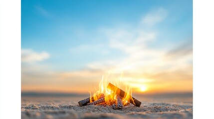 Mesmerizing sunset bonfire on the sandy beach embers glowing in the twilight sunset