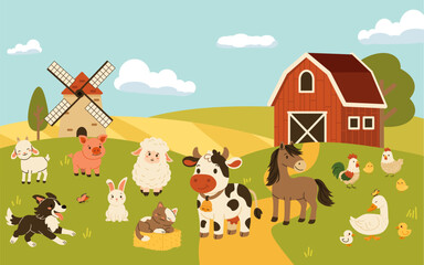 Flat style illustration of a cheerful farm scene with animals, barn, windmill, and landscape, perfect for childrens designs, educational projects, and nature-themed content