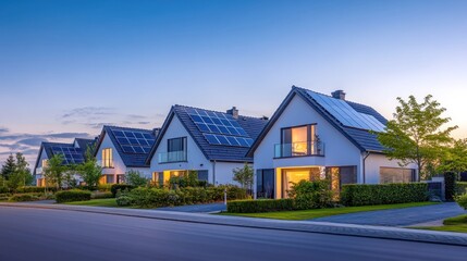 Modern homes with solar panels at twilight.  Rows of contemporary houses feature rooftop solar panels.  Evening light bathes the properties, highlighting architectural design and eco-friendly features