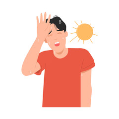 Man feeling dizzy and sweating. Heat symptoms risk sunstroke and heatstroke. High temperature. Vector illustration isolated on white background