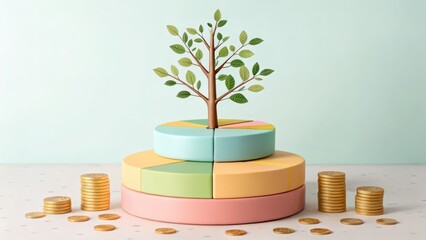 A stylized tree grows from colorful geometric bases, surrounded by gold coins, symbolizing growth, investment, and sustainability in a minimalist setting.
