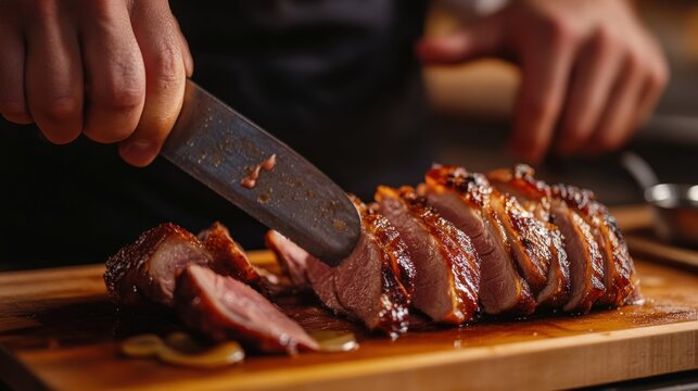 Chef precisely slicing roasted duck breast on wooden board for gourmet meal