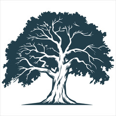 Majestic Tree Silhouette , Tree silhouette vector art, Black silhouette of a majestic tree with intricate roots and full foliage, isolated on white background