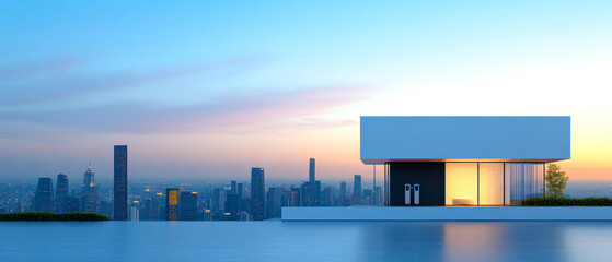 Modern architecture overlooking a city skyline at sunset, featuring a sleek white structure and panoramic views.