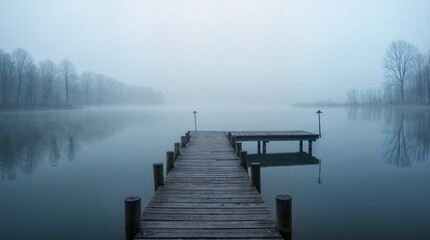 A foggy lake with a wooden pier and a dock