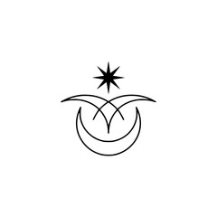 Minimalist Celestial Icon: Crescent Moon, Star, Abstract Design on White