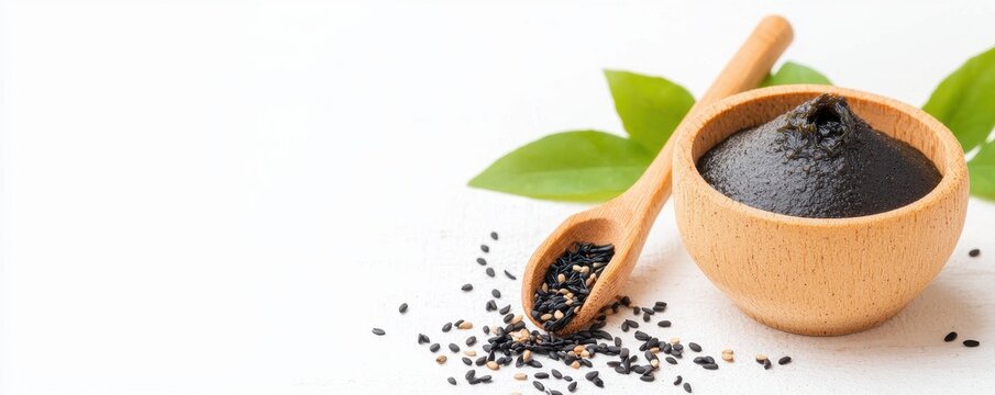 A wooden bowl contains black sesame paste alongside sesame seeds and green leaves, set against a light background.