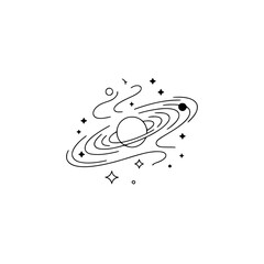 Minimalist Cosmos: Line Art Galaxy, Stars, and Planet.