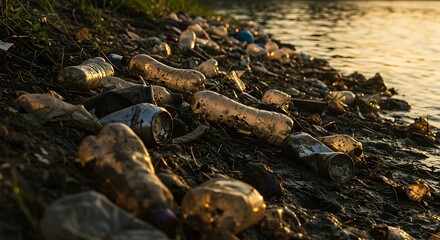 Shoreline Pollution: Discarded Plastics and Cans on Muddy Bank at Sunset.