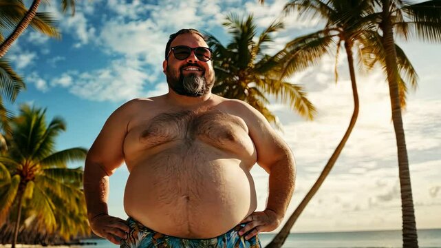 Fat man standing on a beautiful beach with palm trees. Selective focus. nature.