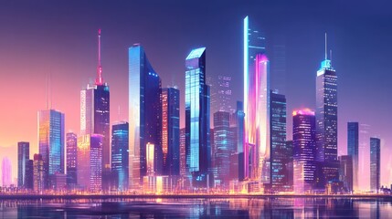 Obraz premium Futuristic cityscape at twilight. Vibrant neon lights illuminate modern skyscrapers reflecting on the water's edge