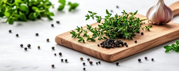 Fresh thyme and black peppercorns are artfully arranged on a wooden cutting board alongside a bulb of garlic, creating a vibrant culinary scene.