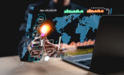 A digital interface displays data analytics and global maps, emphasizing technology and data visualization in a business context.