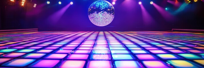 Retro dance floor with vibrant lights and classic disco ball
