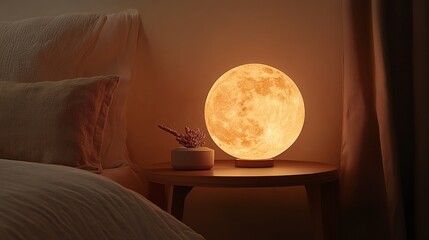 A glowing moon lamp styled on a bedside table in a minimalist bedroom. background