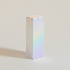 A minimalistic front side view Tall rectangular packaging with a silver iridescent color. The design is simple yet elegant, focusing on clarity and precision. It includes subtle branding elements like