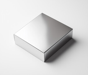 A minimalistic front side view rectangular packaging with a silver iridescent color. The design is simple yet elegant, focusing on clarity and precision. It includes subtle branding elements like shad