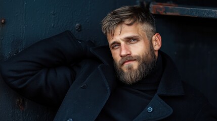 A stylish man with a beard leans back in a casual pose while surrounded by a textured backdrop, showcasing a relaxed and approachable vibe.