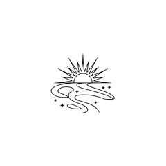 Minimalist Sunrise River Illustration, Black Line Art Design, Hope, Travel