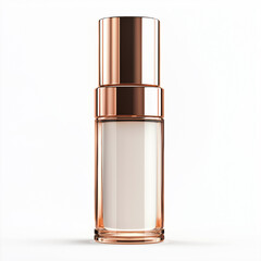 Elegant, tall soft copper cosmetic bottle with soft copper cap, isolated on a white background, white serum inside, front view.