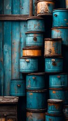 Stack of Weathered Turquoise Wooden Barrels Against a Rustic Blue Wooden Wall