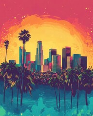 Retro-style illustration of Los Angeles skyline, vibrant and colorful