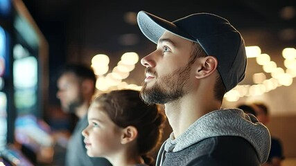 A family buying cinema tickets in a busy evening lobby