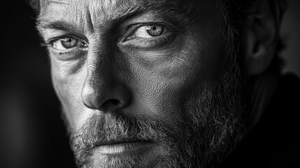 Obraz premium Intense close-up of a man's face with strong features, beard, and piercing eyes