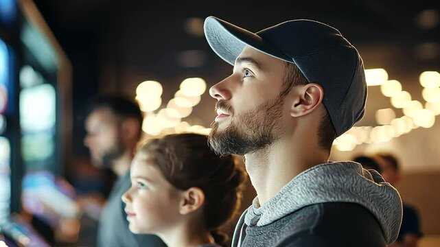 A family buying cinema tickets in a busy evening lobby