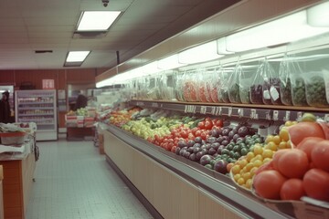 Colorful Display of Fresh Fruits and Vegetables in Grocery Store
