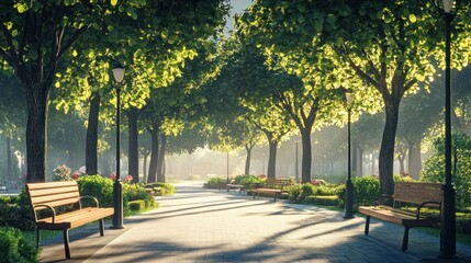 Fototapeta premium Sunlit park path with benches, lush trees, and morning mist