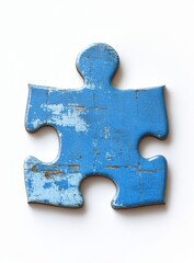 Weathered blue puzzle piece on white background
