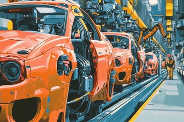 Robots building cars on an automated factory assembly line