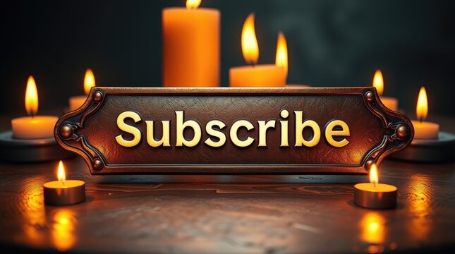 Decorative sign spelling subscribe is surrounded by lit candles - Powered by Adobe