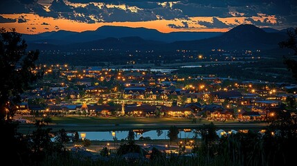 Obraz premium Nightfall over Mountain Village: A Serene Panorama