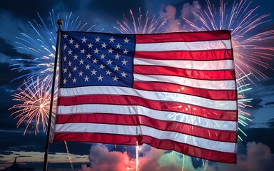 American flag waving with fireworks in the background at nighttime