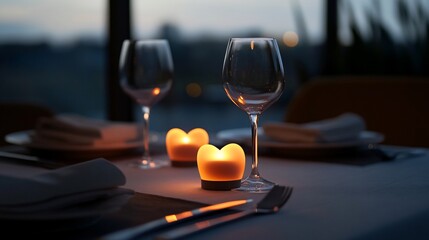 Obraz premium Romantic dinner setting with heart-shaped candles creating a cozy ambiance