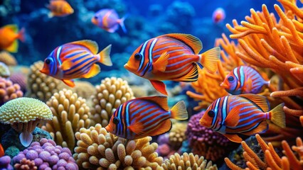 Fototapeta premium Vibrant Coral Reef Scene with Colorful Tropical Fish Swimming