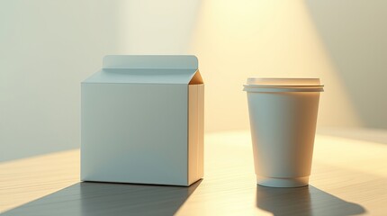 A cardboard carton and a paper cup sit on a surface