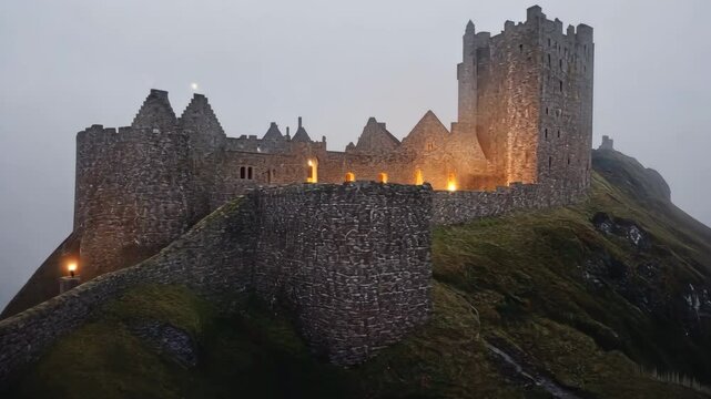 Illuminated Medieval Castle on a Misty Hilltop