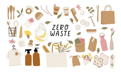 Zero waste lifestyle set. Eco-Friendly, sustainable living, plastic-free and reusable items. Green Living. Hand drawn vector illustration.