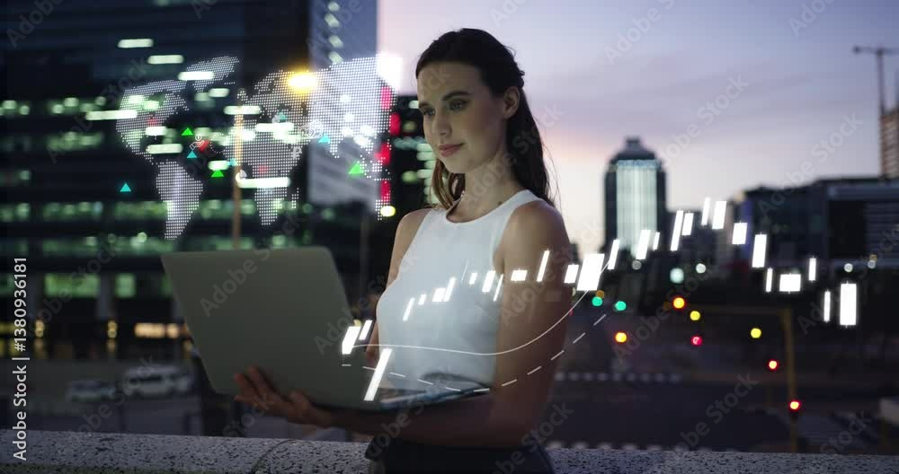 Poster laptop, chart icons and businesswoman in city on building rooftop for trading commodities online. fi